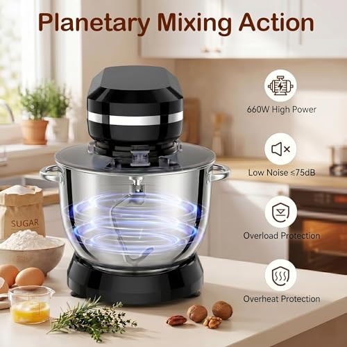 Black 6in1 Stand Mixer with 6.5 Quart Bowl, 660W Kitchen Food Mixer, Tilt-Head Dough & Cake Maker