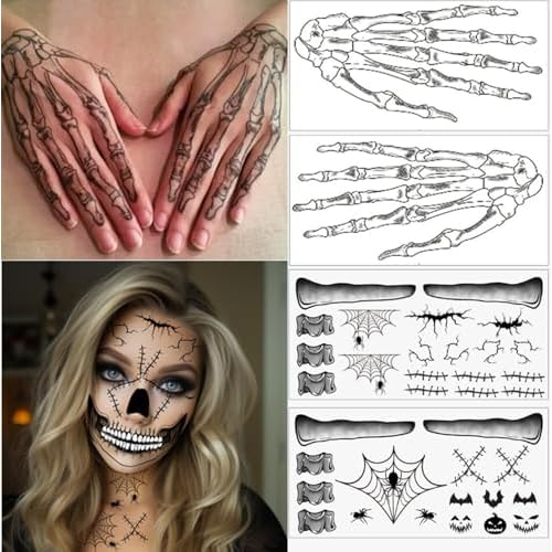 8 Sheets Halloween Temporary Face Tattoos Stickers,Mouth Scar Skeleton Hand Temporary Tattoos Adult, Body Makeup Cosplay Festival Rave Face Stickers Halloween Decorations