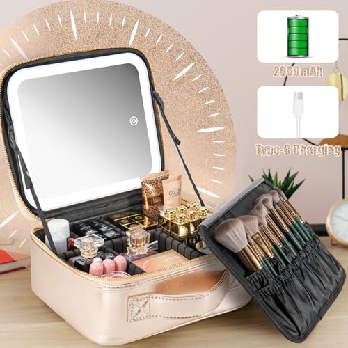 Extrei Gent Gold Makeup Travel Case with LED Light Mirror, Adjustable Brightness, Waterproof, Portable 10.4 x 9.1 x 4.6 in