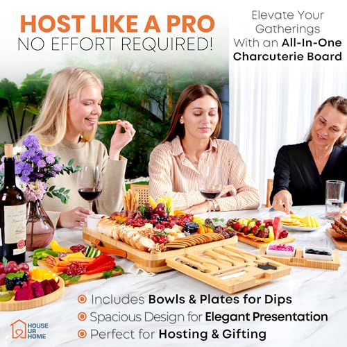Bamboo Charcuterie Board Gift Set with Hidden Drawers & Knives - Housewarming & Wedding