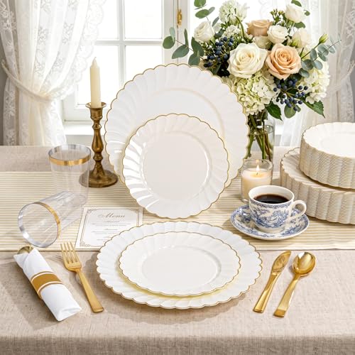 Ivory Scalloped Plastic Dinner Plates Set for Weddings - 350PCS