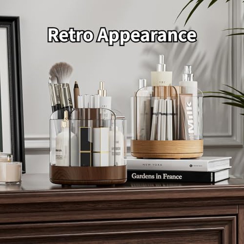 Makeup Brush Holder 360¡Æ Rotating 6 Slot Multi-Compartment Storage, Acrylic Spinning Organizer for Cosmetics Nail Polish Combs, Bathroom Vanity Desktop Organizer (Dark Woodgrain)