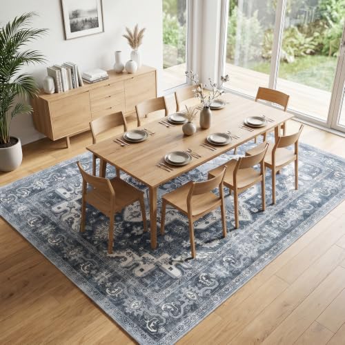 Blue Washable 8x10 Area Rug for Living Room Non-Slip Vintage Boho Style
