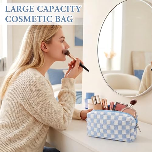 8 Pcs Checkered Makeup Bags Set - Small Cosmetic Pouch for Travel and Storage, Blue