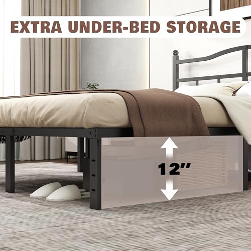 Queen Bed Frame with Headboard - 14 Inch Metal Platform Bed with Storage - Modern Black Finish - Easy Assembly, Noise-Free