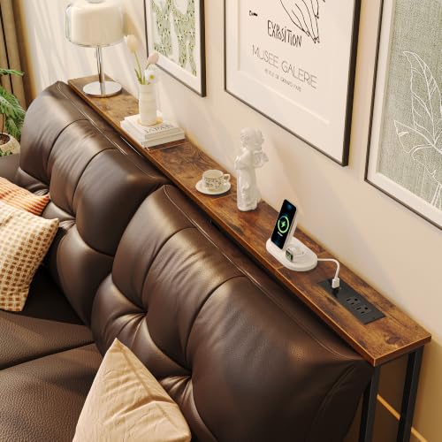 Rustic Brown 70.8 Inch Console Table with Charging Station - Narrow Sofa Table