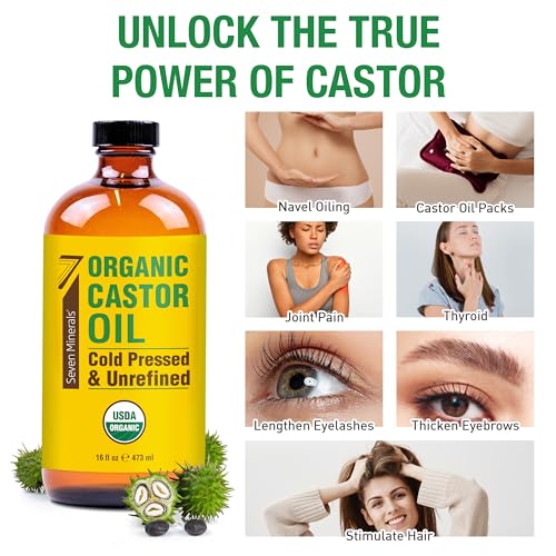 Seven Minerals Organic Castor Oil 16oz Glass Bottle Pack of 2 - Cold Pressed & Hexane Free