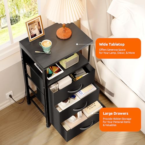 Lazzanto Night Stand with Charging Station - Black, 3 Fabric Drawers