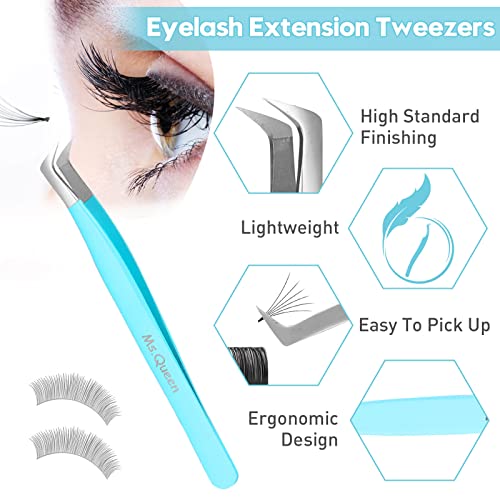 Professional Lash Tweezers Set - 5 Pcs Fiber Tip Curved Isolation & Volume Tweezers for Eyelash Extensions - Blue