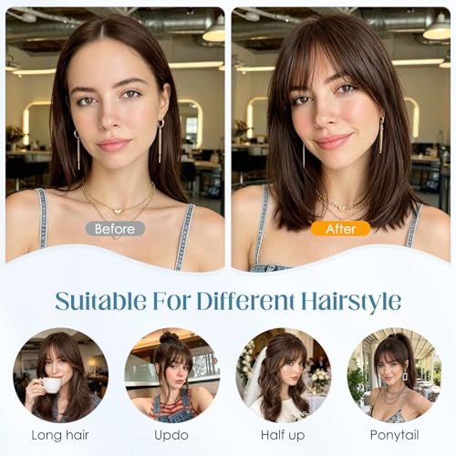Dark Brown Clip-In Human Hair Bangs for Women, Wispy Front Hairpiece - 9g