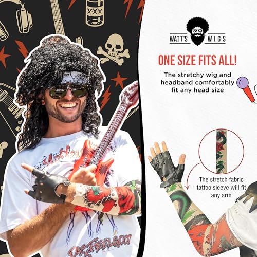 80's Rock Star Costume Men - Black Wig with Headband, Tattoo Sleeve & Glove - 80s Metal Rocker Outfit Variation of THIS listing