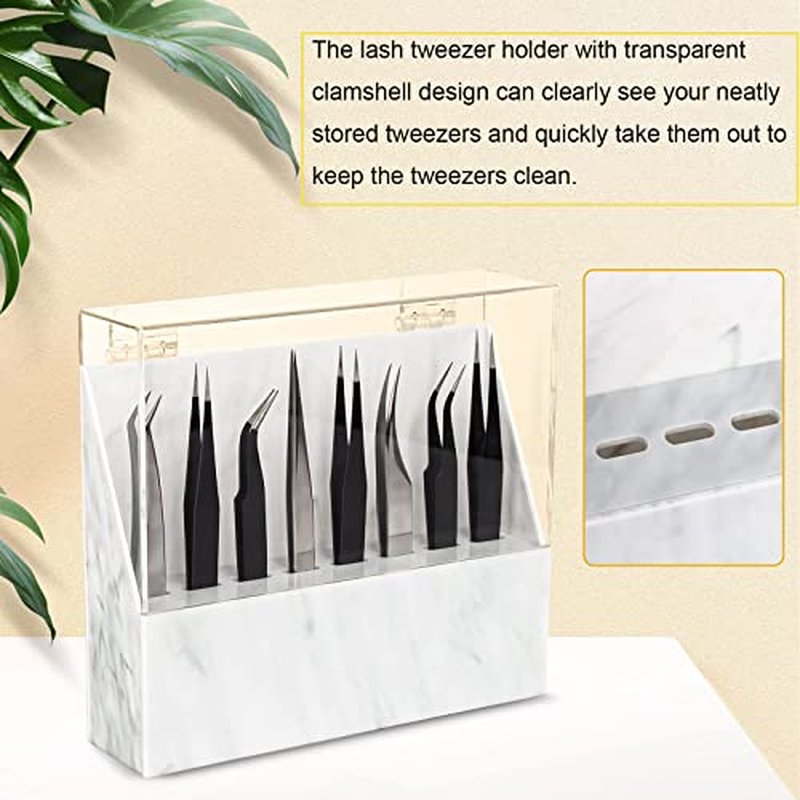 8 Holes Dust-proof Eyelash Tweezers Holder Case Acrylic Marble Tweezer Stand Display Organizer with Cover for Lash Extensions (white)