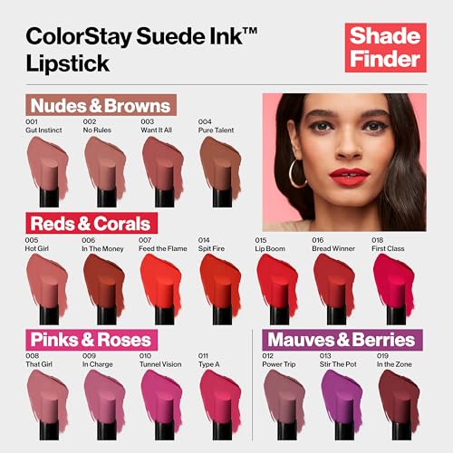 REVLON Lipstick, ColorStay Suede Ink, Built-in Primer, Infused with Vitamin E, Waterproof, Smudge-proof, Matte Color, 006 In The Money, 0.09 oz.
