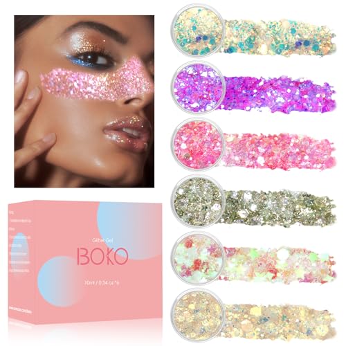 Boko 6pcs Body Glitter Gel, Sparkle Pink Chunky Glitter Gel for Face Hair Body Glitter Makeup, Mermaid Face Glitter Sequins for Festival Music Concert Party Themed Makeup Rave Accessories