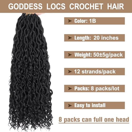 20 Inch Black Goddess Crochet Locs Hair - Boho Faux Locs, 8 Packs, Variation 1B#
