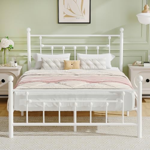 White Full Size Metal Platform Bed Frame with Headboard Victorian Style
