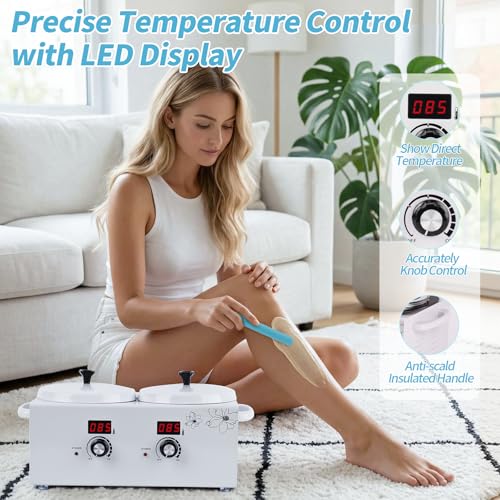 Double Wax Warmer for Hair Removal with Silicone Pot Liners – Includes 2 Pots, 40 Sticks, 20 Collars