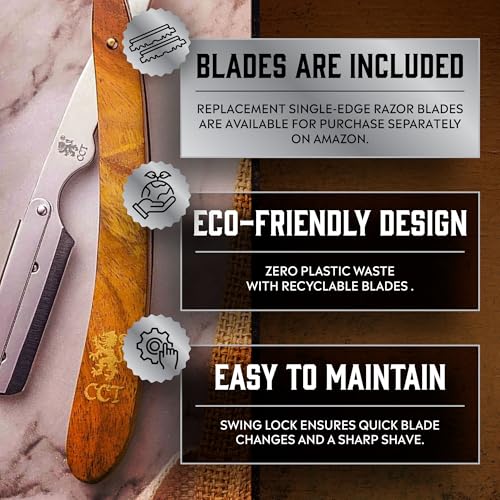 The Cambridge Cutthroat¢ç Cut Throat Razor Kit with Blades & Travel Pouch - Missanda Hardwood & Stainless Steel Professional Barber Shaver Men - Straight Edge Moustache & Beard Shaper