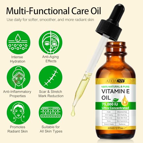 Vitamin E Oil for Skin 75,000 IU ? 2 Pack Vitamin E for Face, Hair, Scars, Nails, Ultra-Hydrating Body Oil for Dry Skin Wrinkles,Cold-Pressed, Non-GMO, Skincare Formula ?2 Fl Oz