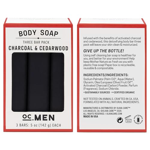 Olivia Care Activated Charcoal Cedarwood Bar Soap 3 Pack Set 100% Natural & Organic ? For Face & Body - Deep Clean, Exfoliate, Moisturize & Hydrate - Amazing Masculine Fragrance - 3 X 5 OZ