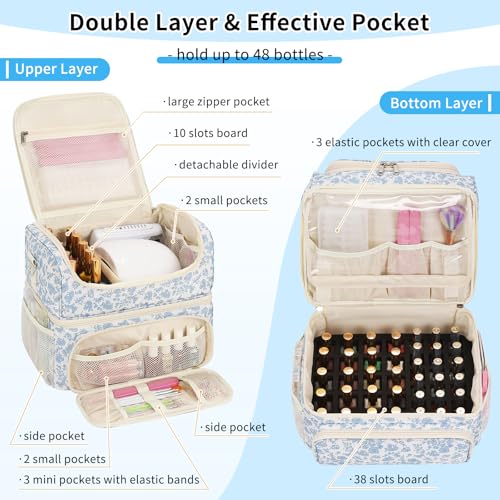 CUBETASTIC Nail Polish Organizer & Storage Bag for 48 Bottles & Full-Size Lamp, Double-Layer Travel Case Box for Nail Supplies, Manicure Kit & Pedicure Tools (Blue Floral, 48 Slots)