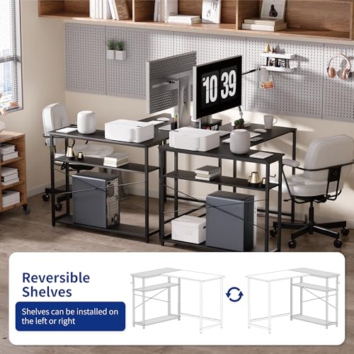 Black 43-Inch Reversible L-Shaped Computer Desk with Storage Shelves - Small Space Home Office