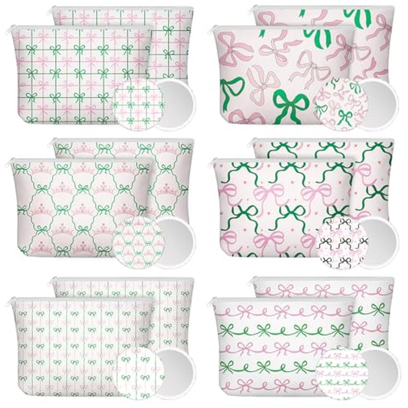 Abbylike 12 Set Pink and Green Party Favor Bow Makeup Bag Compact Mirrors Coquette Preppy Bow Gift for Women Halloween Birthday Bridal Shower Bachelorette Girly Witch and Princess Party Supply