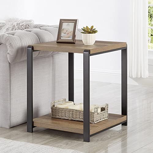 Industrial End Table with Storage Shelf - Square Nightstand in Oak Finish