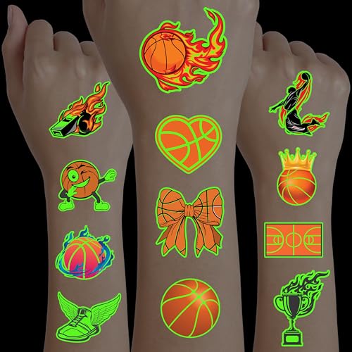 Basketball Temporary Pre - cut Tattoos - Olympic MVP Sports Game -Themed Stickers for Kids' Birthday Party Supplies, Decorations, Favors, and Prizes - Cute Gifts for Boys and Girls (Glow in the dark)
