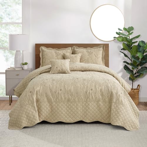 CHIXIN Queen Size Botanical Leaves Quilt Set with Reversible Coverlet & Shams, Lightweight Bedspread, Taupe, 5 Pieces