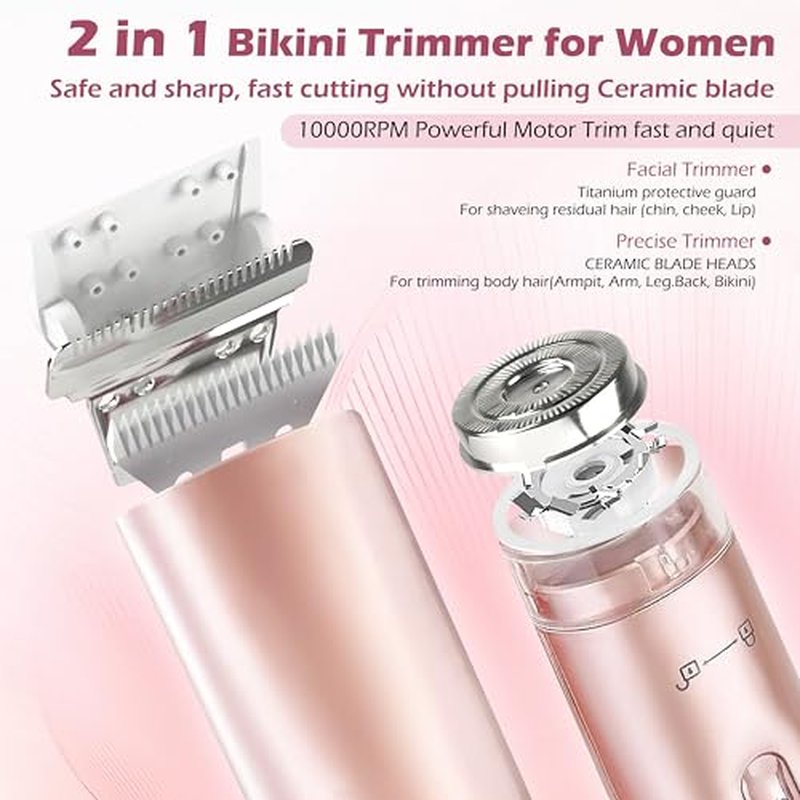 2 in 1 Dual Head Bikini Trimmer for Women, Women Electric Shaver IPX7 Waterproof Wet & Dry Use Body Hair Trimmer and Facial Hair Remover Cordless Body Shaver for Bikini Underarm Leg Arm Face