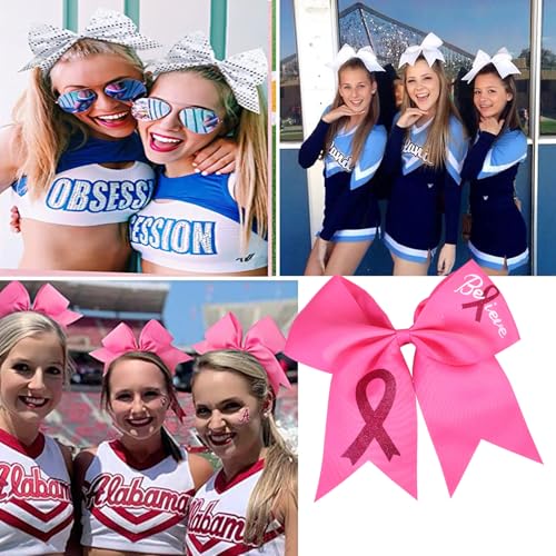 Pink Breast Cancer Awareness Cheer Hair Bows 24PCS 7-Inch Glitter Ponytail Holders