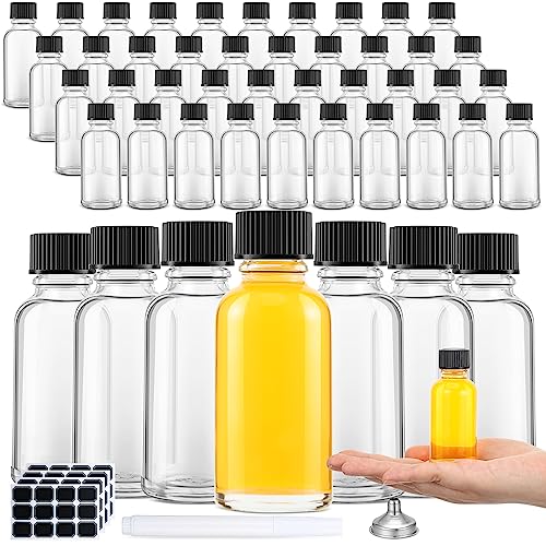 48 Pcs 1 oz Glass Boston Round Bottles with Black Caps | Refillable & Leakproof