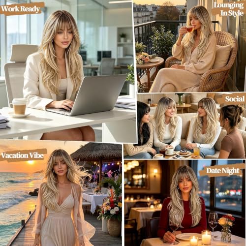 Ombre Blonde Long Straight Layered Wig with Bangs - Natural Realistic Synthetic Hair