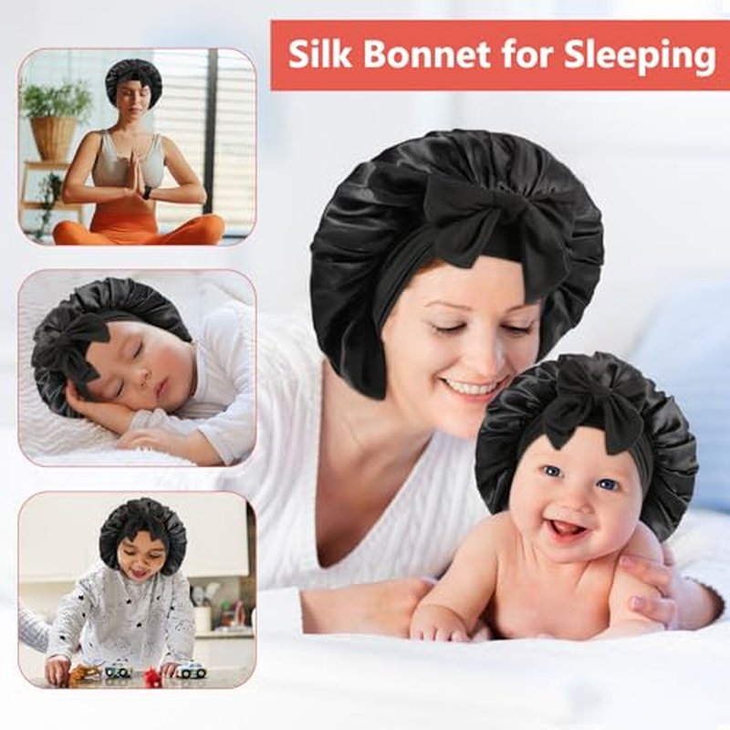 2 PCS Mommy and Me Bonnet Set, Silk and Satin Bonnets for Sleeping with Elastic Tie Band, Adjustable Hair Bonnets for Women, Girls, Kids and Toddlers (Black)
