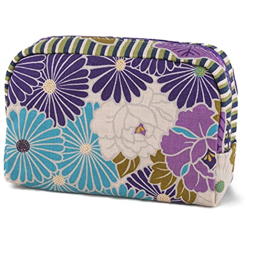 NOREN Small Retro Flower Makeup Bag - Purple Japan Kimono Design, Travel Cosmetic Pouch for Women & Girls