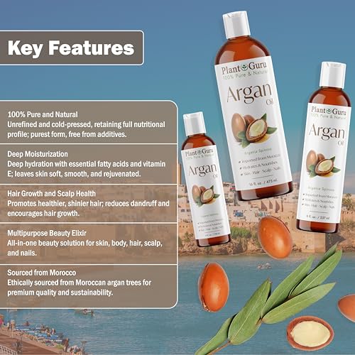 Pure Argan Oil for Hair & Skin - 16 Fl Oz, Cold Pressed, Natural Moisturizer