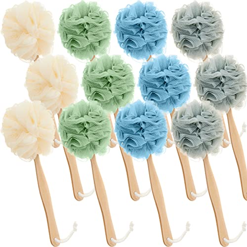 Multicolor 12 Pack Long Handle Loofah Back Scrubber for Shower - Dark Colors