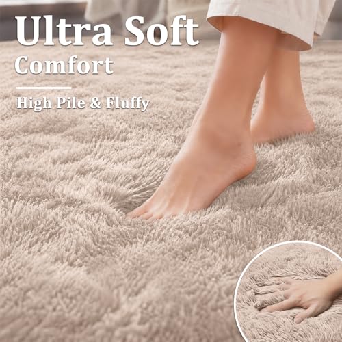 8x10 Beige Shag Area Rug - Ultra Soft Fluffy Bedroom & Living Room Carpet with Non-Slip Backing