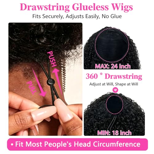 Larhali 16 Inch Burmese Curly Half Wig with Drawstring - No Glue, Natural Black, 180% Density, Beginner-Friendly, Flip Over Style