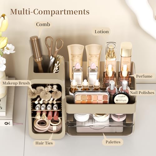 Jywantful Light Mocha Brown Makeup Organizer with Adjustable Brush Holders & Clear Drawers