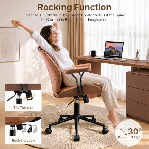 Brown Leather Office Chair - Ergonomic Executive Home Desk Chair with Removable Armrests