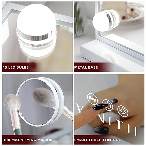VANITII Hollywood Vanity Mirror with Lights USB Charging 22.8¡±*18.1¡± Lighted Makeup Mirror with 15 LED Bulbs Dimmable 3 Modes Tabletop for Cosmetic