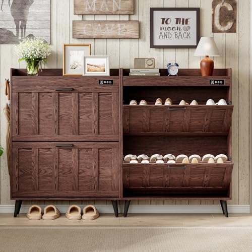 Walnut Shoe Storage Cabinet with 2 Flip Drawers and Deodorizer - Narrow Rustic Entryway Organizer