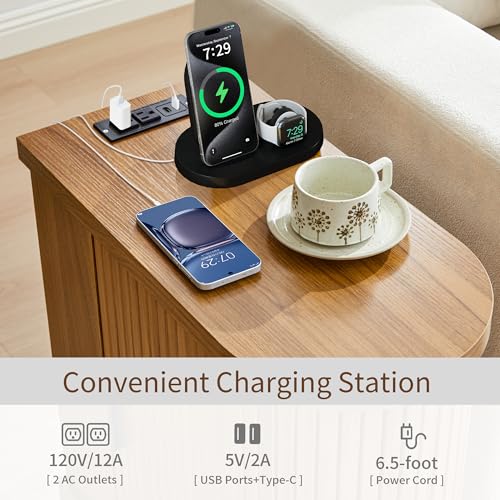 Mid-Century Modern Walnut Narrow End Table with Charging Station - Fluted Design