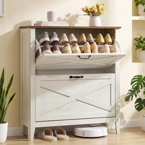 VASAGLE Farmhouse Shoe Cabinet Narrow Storage Organizer with 2 Flip Drawers - Rustic White, 9.4 x 34.3 x 34.6 inches
