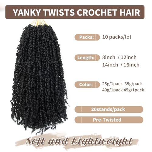 14 Inch Black Yanky Twist Crochet Hair - 10 Packs, Pre-Twisted Synthetic Braids #1B
