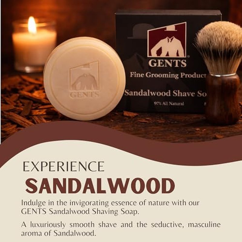 GENTS 97% All Natural Shave Soap - Creates a Rich Lather Foam for Wet Shaving Experience (3 Pack Sandalwood) Birthday Gift
