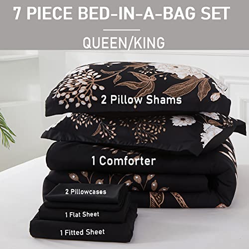 Black Floral Queen Bed in a Bag 7-Piece Comforter Set Botanical Bedding