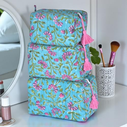 Quilted Floral Block Print Makeup Bag Set of 3 ? Cotton Travel Toiletry and Makeup Organizer, Cosmetic Pouch, Toiletry Bag for Women, Cute Boho Coquette Make Up Bags for Women (Small, Medium, Large)